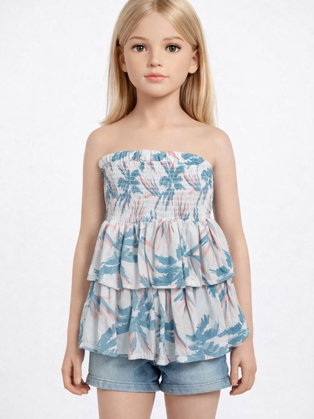 Grayson Threads Girls Strapless Smocked Top Blue Pink Floral Tiered Ruffle M 8